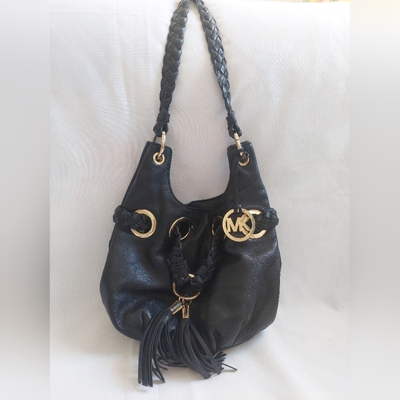 Michael Kors Handbags - Black Michael Kors Leather Braided Grommet Tassel Bag